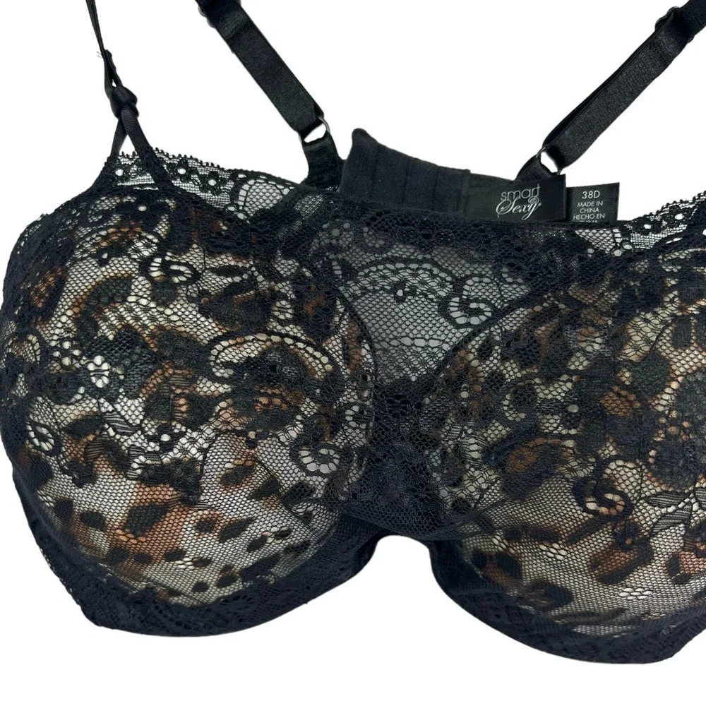 Smart & Sexy Cheetah Print Black Lace Mesh Bra Adjustable Straps Underwire 38D - Picture 3 of 8